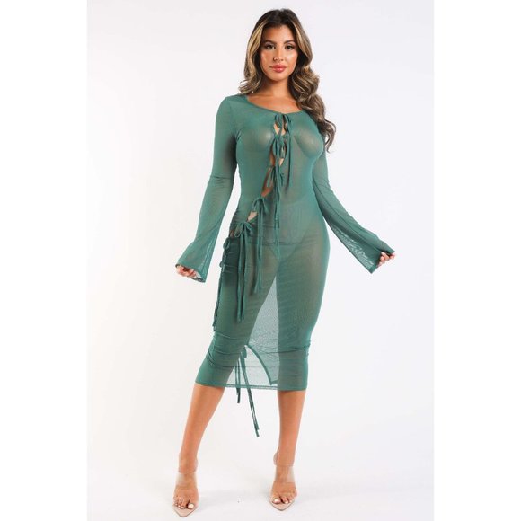 Boutique Dresses & Skirts - Women's Tie Detailed Mesh Cover Up Dress Cut Out Long Sleeve Lace Up Polyester